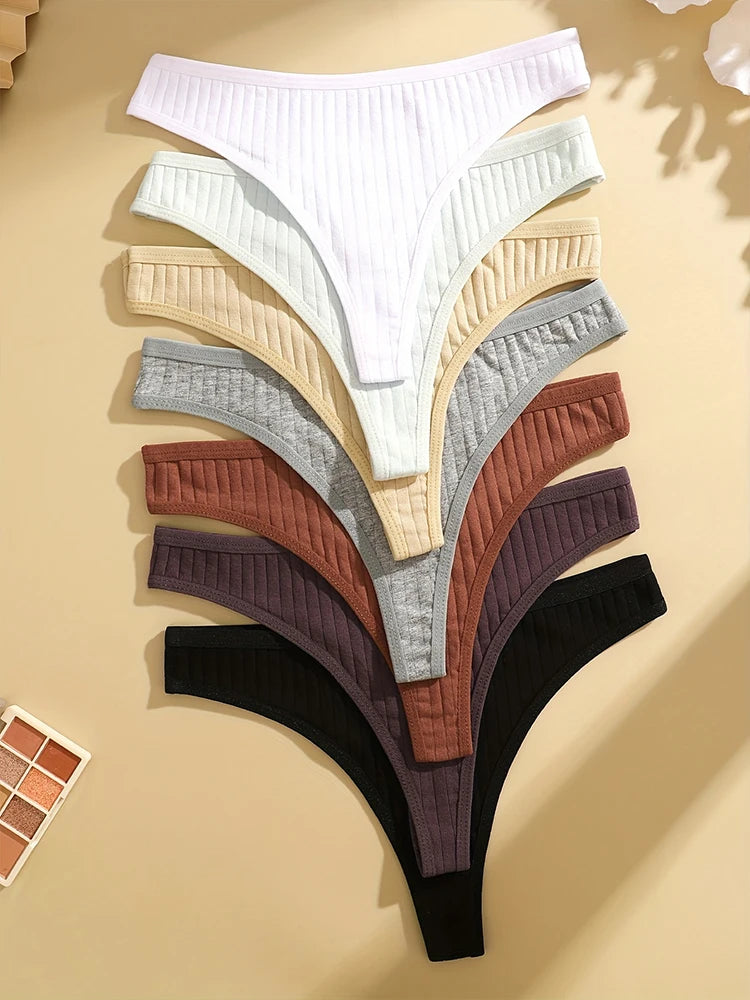 7PCS Women Sexy Cotton G-String Panties Solid Color Ribbed Soft Thongs Female Low Waist Underpants Ladies Sexy Bikini Lingerie