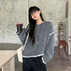 Irregular Spliced Pullover Sweater Women Street Contrast Color Loose O-Neck Knitted Sweaters Autumn Stylish Long Sleeve Knitwear