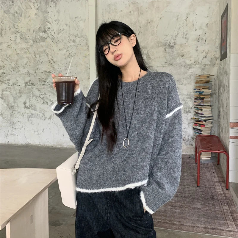 Irregular Spliced Pullover Sweater Women Street Contrast Color Loose O-Neck Knitted Sweaters Autumn Stylish Long Sleeve Knitwear