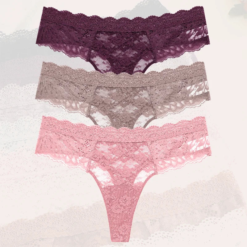 3Pcs Lace Sexy Thongs Women Low-Rise Briefs Sexy Soft Ladies Underwear Trendy Floral Underpants Female Flowery Panty Lingerie