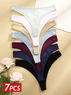 7PCS Women Sexy Cotton G-String Panties Solid Color Ribbed Soft Thongs Female Low Waist Underpants Ladies Sexy Bikini Lingerie