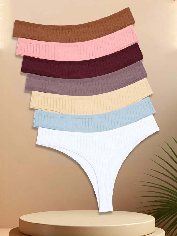 7PCS Women Cotton Striped Thongs Underwear Low Waist G-String Panties Sexy Breathable Solid Color T-Back Casual Bikini Lingerie