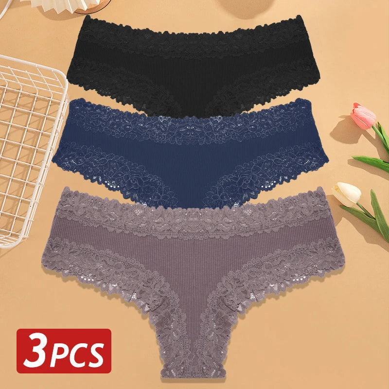 3PCS/Set Women Cotton Panties Floral Lace Brazilian Panties Sexy Low Waist Lingerie Female Soft Underwear Solid T-Back Bikini