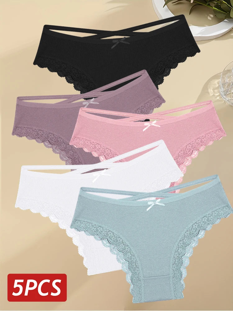 5PCS Women's Cotton Briefs Sexy Lace Underpant Hollow Brazilian Panties Comfortable Underwear Lingerie S-XL Solid Color Lingerie
