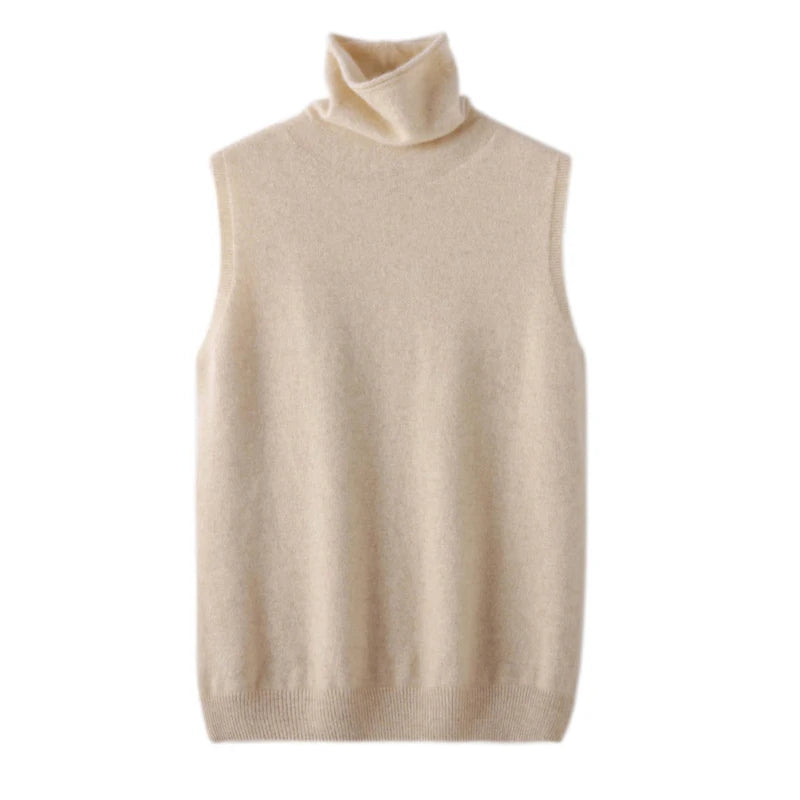 Suéter sin mangas de lana merino 100 % para mujer, suéter de cuello alto, chaleco de lana, prendas de punto, primavera, otoño e invierno, moda, chalecos, tops