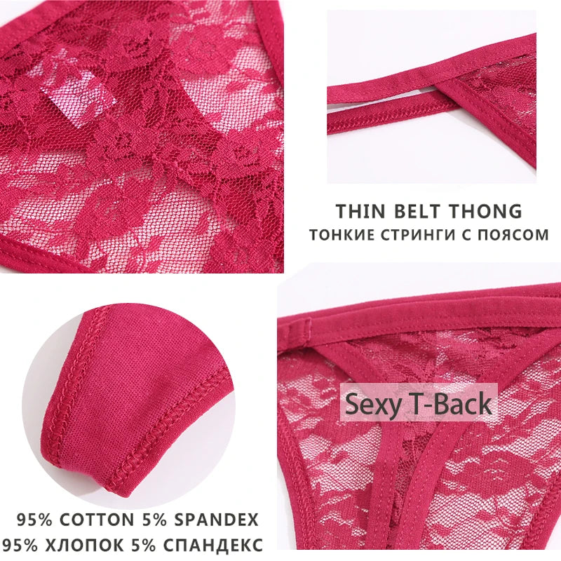 2PCS Women Floral Thongs Panties for Women Female M-XL T-Back G-String Lace Low Waist Bikini Briefs Transparent Girls Lingerie