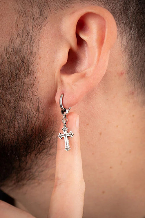 Men Stainless Steel Cross Dangle Hoop Earring Durable Modern Design