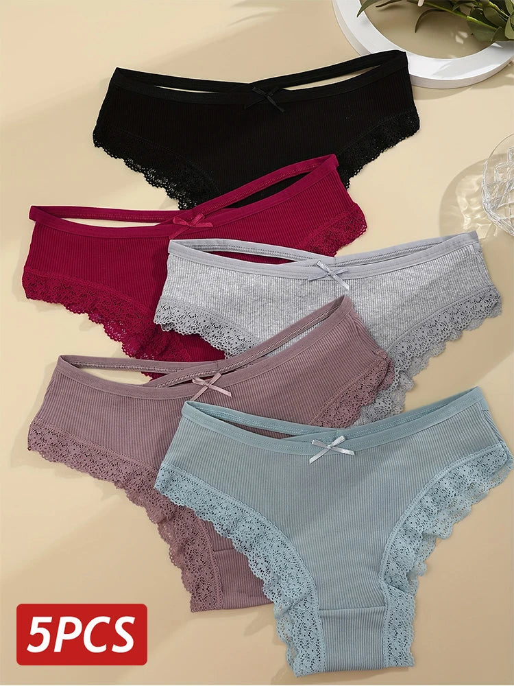 5PCS Women's Cotton Briefs Sexy Lace Underpant Hollow Brazilian Panties Comfortable Underwear Lingerie S-XL Solid Color Lingerie