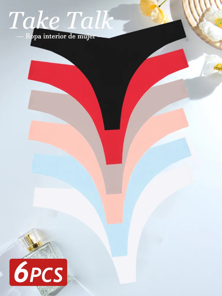 6PCS Ice Silk Seamless Thongs Panties for Women Sexy V-Waist G-String Bikini Female Soft Breathable Underwear Ladies Lingerie