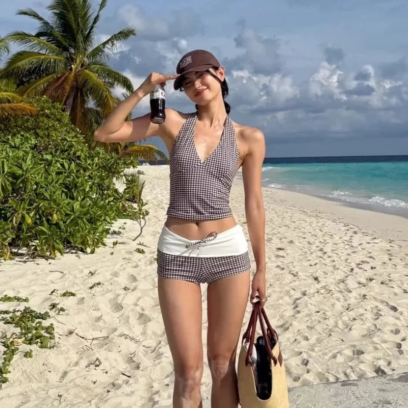 New Sexy Deep V Push Up Bikini Set High Waisted Checkered Brief Tummy Control Backless Two Piece Swimsuit for Beach Vacation