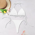 2025 Women's Solid Color Bikini - Sexy Halter Three-Piece Beachwear with Adjustable Lace-Up