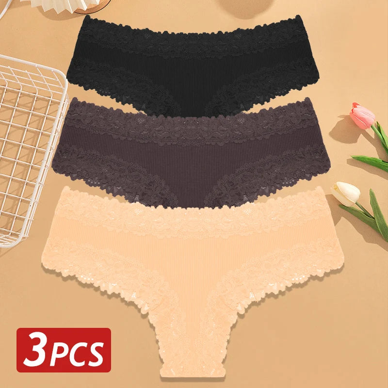3PCS/Set Women Cotton Panties Floral Lace Brazilian Panties Sexy Low Waist Lingerie Female Soft Underwear Solid T-Back Bikini