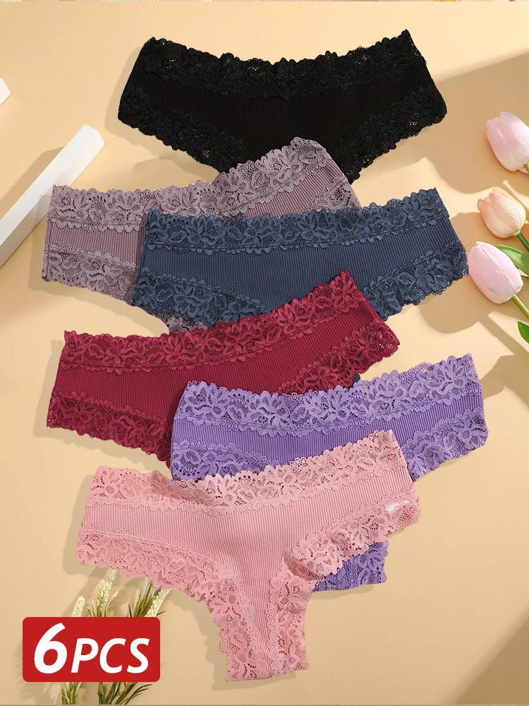 6PCS/Set Sexy Lace Cotton Panties Women Brazilian Panties Ladies Sexy Low Waist Elastic T-Back Bikini Solid Soft Lingerie S-XL