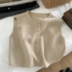 Gilet sans manches à boutons dorés pour femme, en maille douce, style cardigan, idéal pour l'automne et l'hiver, tenue chic coréenne.