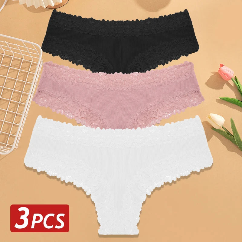 3PCS/Set Women Cotton Panties Floral Lace Brazilian Panties Sexy Low Waist Lingerie Female Soft Underwear Solid T-Back Bikini