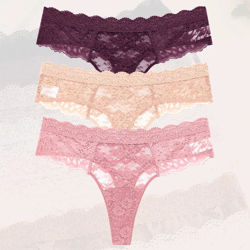 3Pcs Lace Sexy Thongs Women Low-Rise Briefs Sexy Soft Ladies Underwear Trendy Floral Underpants Female Flowery Panty Lingerie