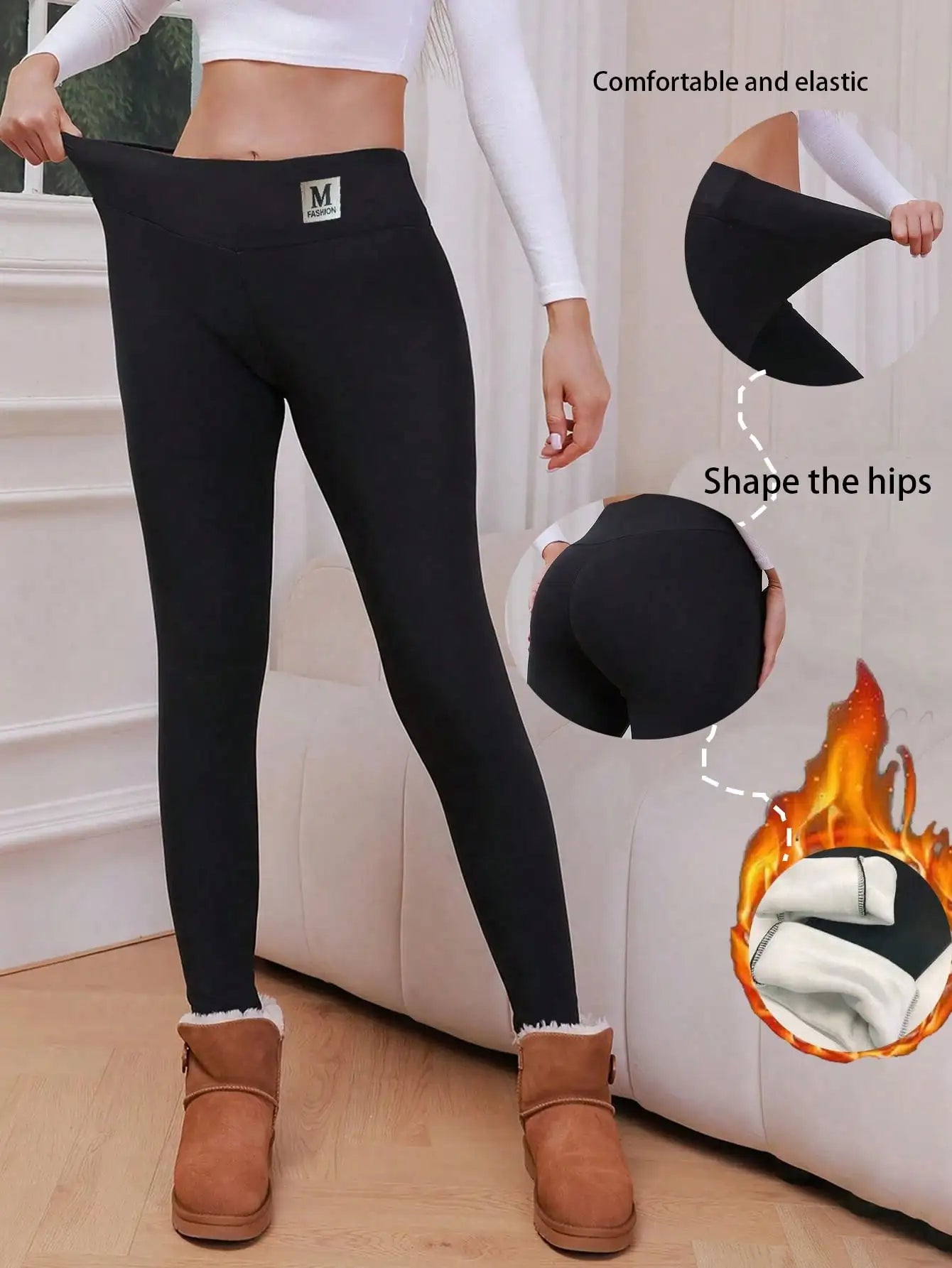 Women's Winter Warm Plush Thermal Black Leggings - Cozy Stretchy Pants For Fall & Winter