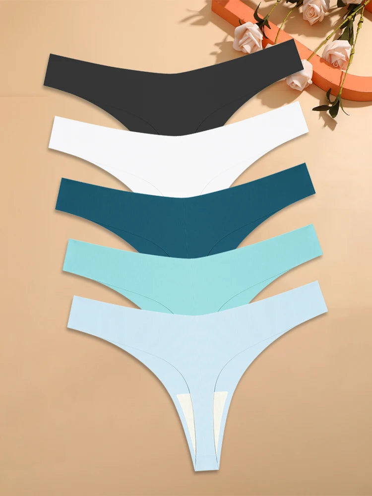 5Pcs Ice Silk Seamless Thongs Women's V-Waist Solid Color Panties Sexy Breathable Low Rise Underwear Invisible Bikini Lingerie