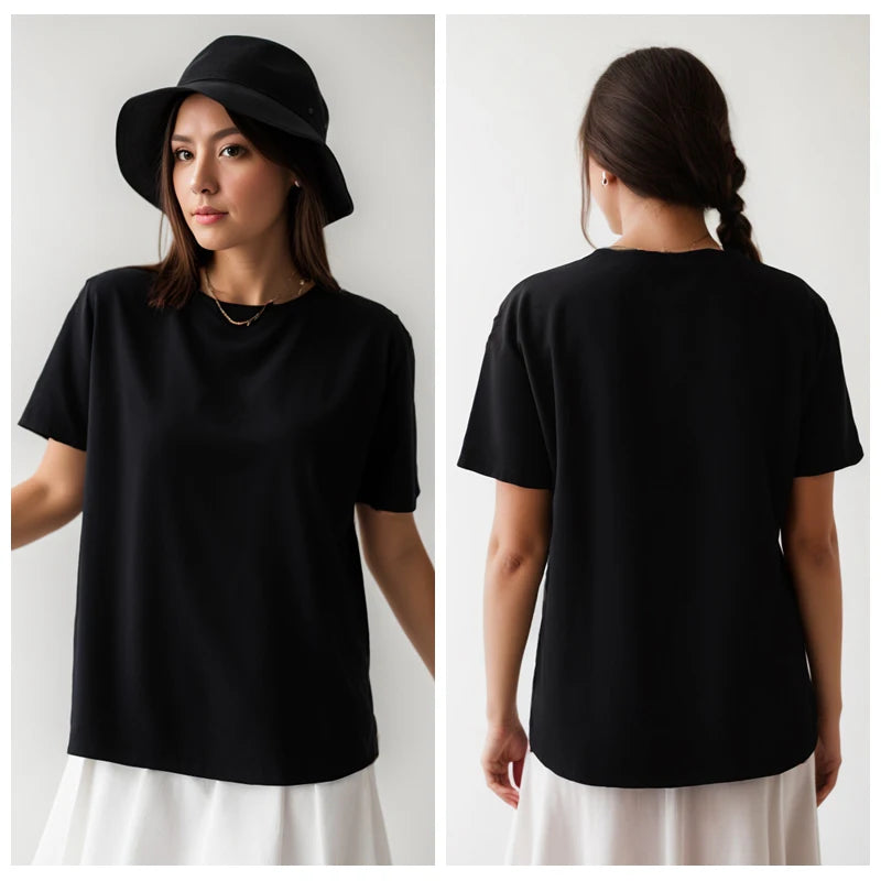 Cotton Short Sleeve Tops 220 Grams Heavy T-shirt Y2k Casual Comfortable Tee Shirt Black & White O-neck Woman Clothing YH2532
