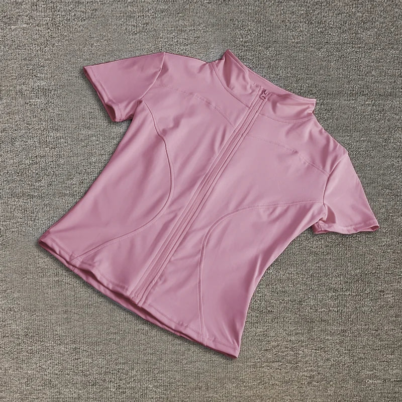 Veste de sport décontractée et ajustée pour femme, manches courtes, fermeture éclair, haut uni, tenue de cyclisme, course à pied et yoga, vêtements d'été
