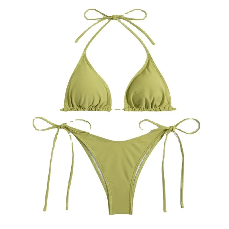Sexy Women Thong Solid Color Bikini Set Side Halter Tie Swimsuit Ladies Split Strap Adjustable Brazilian Swimwear Beachwear