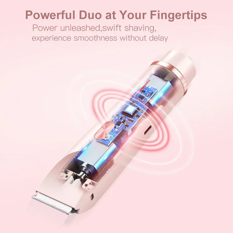2 in 1 Women Dual-Head Painless Electric Razors Bikini Trimmer Wet Dry Use for Ladies Pubic Hair Detachable Head Electric Shaver