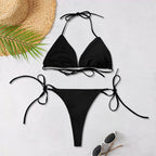 2025 Women's Solid Color Bikini - Sexy Halter Three-Piece Beachwear with Adjustable Lace-Up