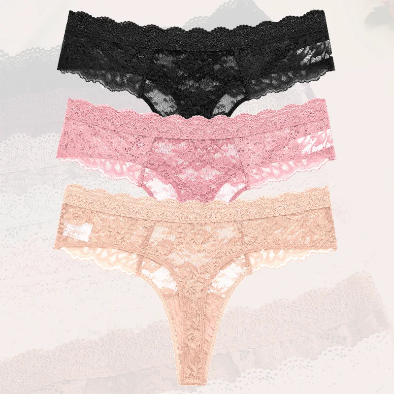 3Pcs Women Lace Sexy Thongs Low-Rise Briefs Sexy Soft Ladies Underwear Trendy Floral Underpants Female Flowery Panty Lingerie