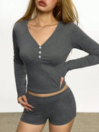 INAWLY Women's Solid Color Slim Fit Long Sleeve T-Shirt And Hotpants Two Pieces Set Fall Cloth For Women