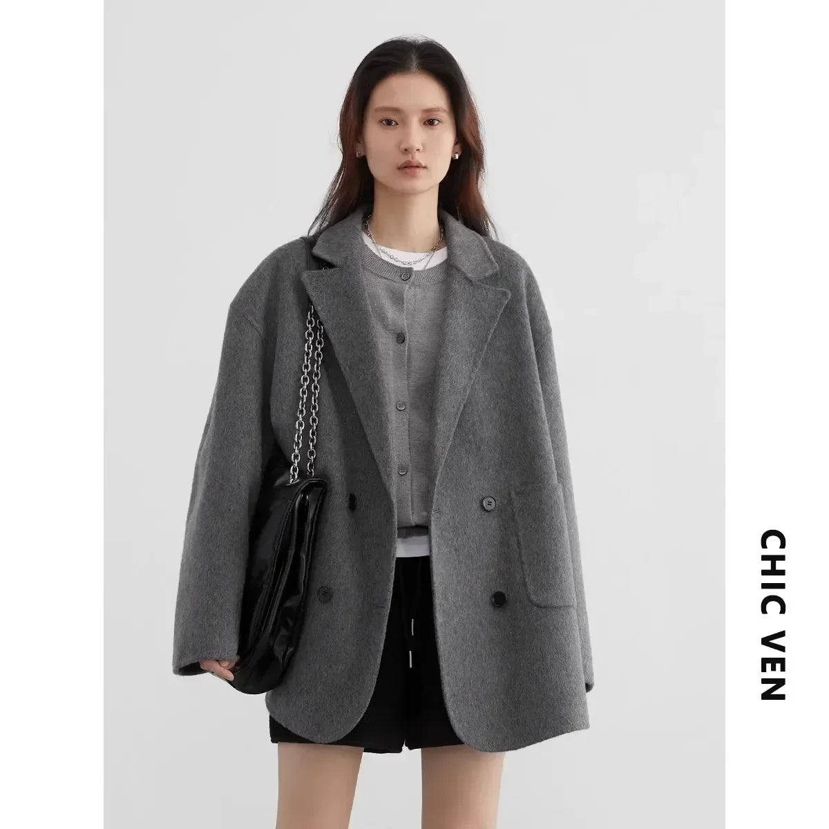 Manteaux en laine pour femmes CHIC VEN, coupe ample et décontractée, croisés, style rétro, veste réversible, vêtements d'extérieur pour femme d'affaires, collection automne-hiver 2026