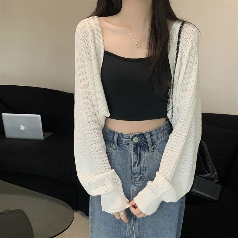 Summer thin loose solid color knitted sweater women's new short style sun protection hollow out cover sweater shawl top