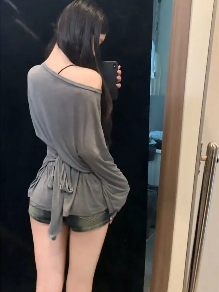 T-shirt oversize transparent à manches longues pour femme, dos nu sexy avec bandage, épaules dénudées, style coréen chic.