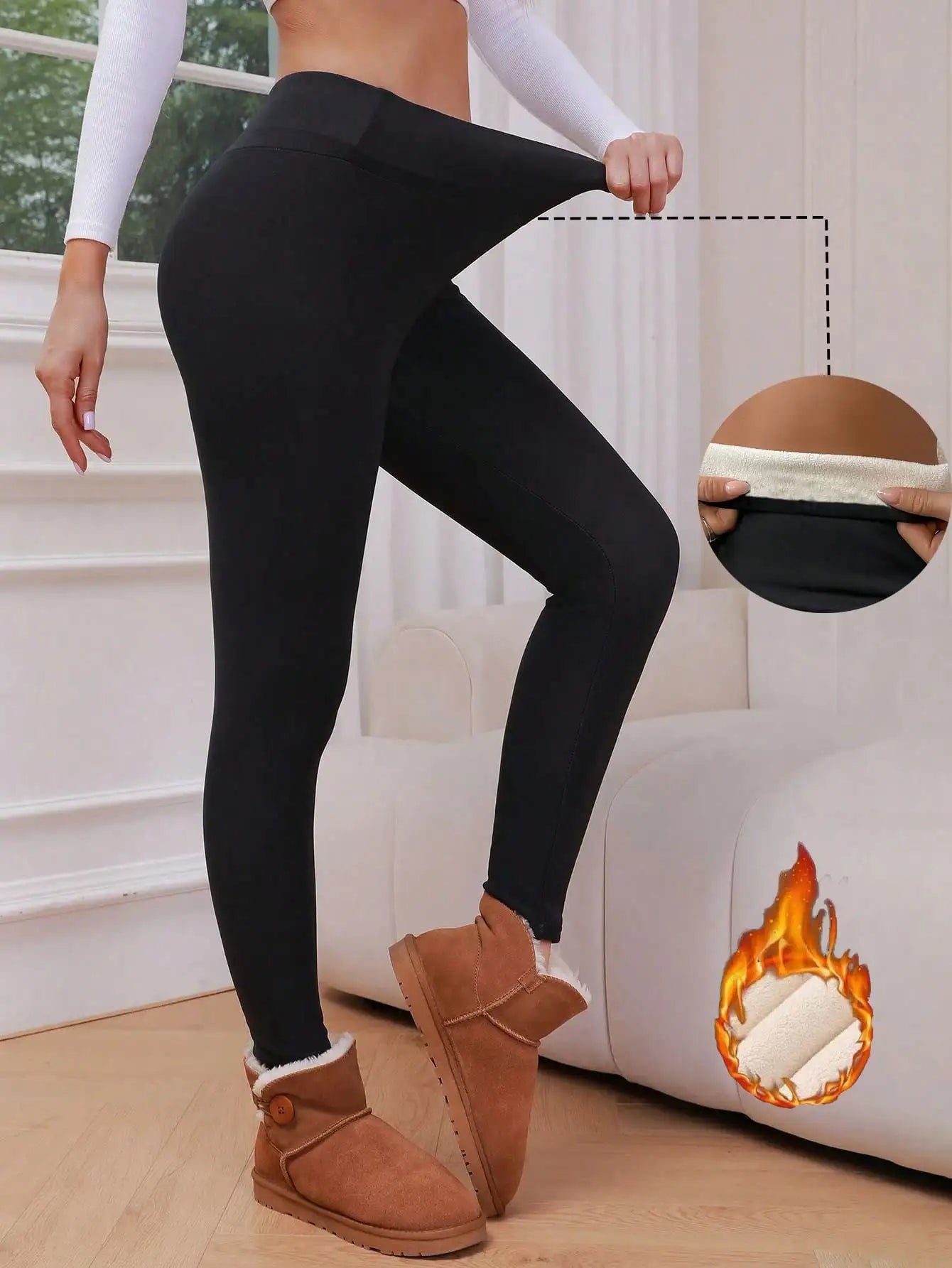Women's Winter Warm Plush Thermal Black Leggings - Cozy Stretchy Pants For Fall & Winter