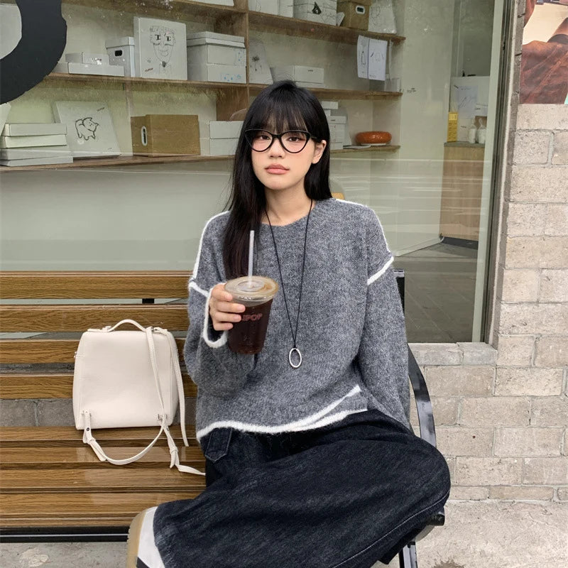 Irregular Spliced Pullover Sweater Women Street Contrast Color Loose O-Neck Knitted Sweaters Autumn Stylish Long Sleeve Knitwear