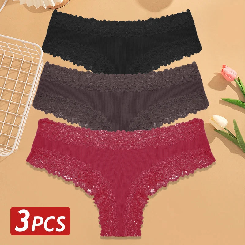 3PCS/Set Women Cotton Panties Floral Lace Brazilian Panties Sexy Low Waist Lingerie Female Soft Underwear Solid T-Back Bikini