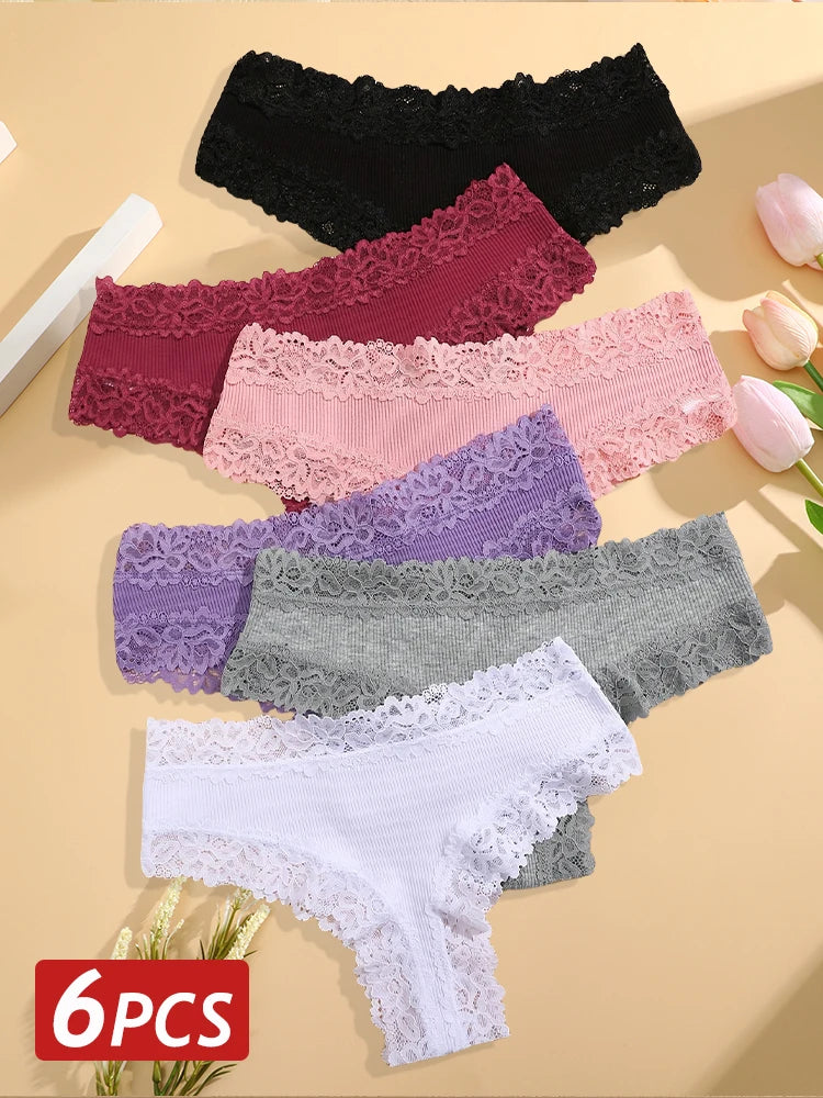 6PCS/Set Sexy Lace Cotton Panties Women Brazilian Panties Ladies Sexy Low Waist Elastic T-Back Bikini Solid Soft Lingerie S-XL