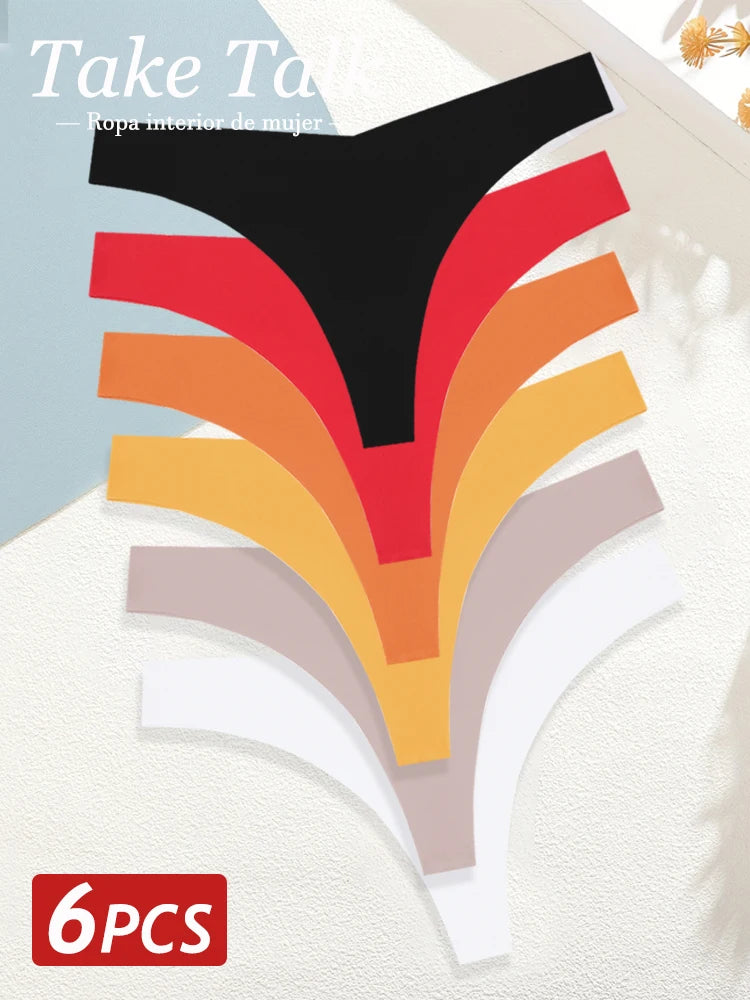 6PCS Ice Silk Seamless Thongs Panties for Women Sexy V-Waist G-String Bikini Female Soft Breathable Underwear Ladies Lingerie