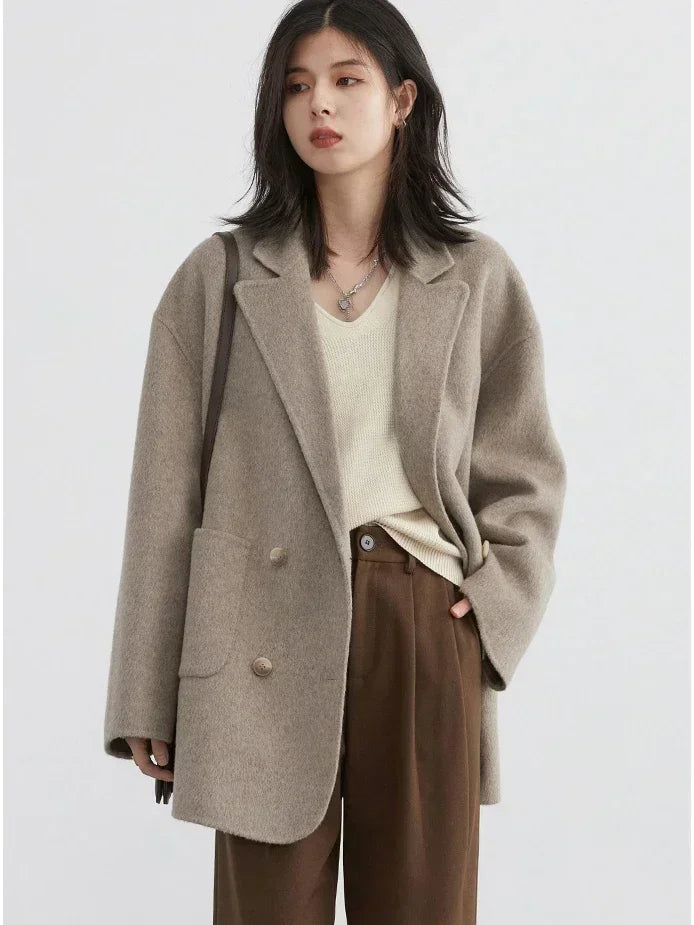 CHIC VEN Women's Woolen Coats Loose Casual Double Breasted Retro Double-sided Jacket Office Lady Outerwear Autumn Winter 2026