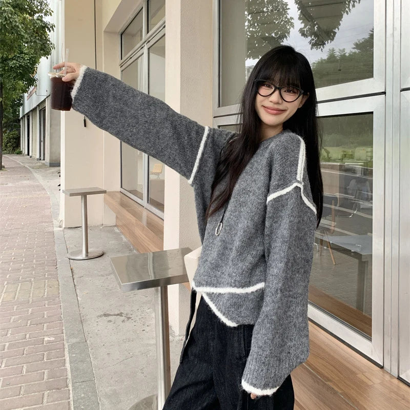 Irregular Spliced Pullover Sweater Women Street Contrast Color Loose O-Neck Knitted Sweaters Autumn Stylish Long Sleeve Knitwear