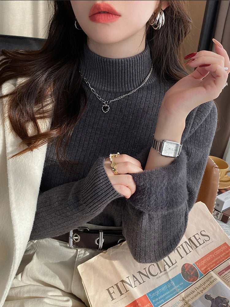 Pull à col roulé femme hiver 2025 rétro avec doublure en velours, sous-vêtement thermique épais, pull-over en maille