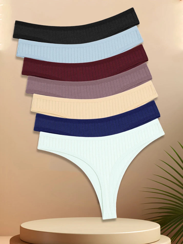 7PCS Women Cotton Striped Thongs Underwear Low Waist G-String Panties Sexy Breathable Solid Color T-Back Casual Bikini Lingerie