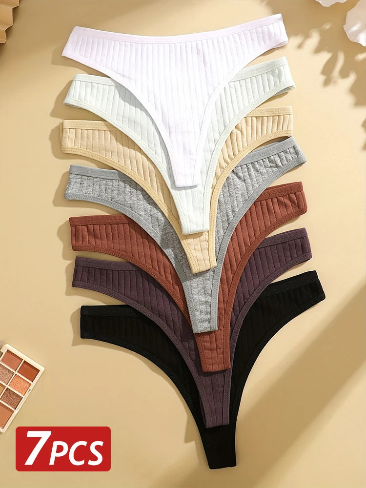 7PCS Women Sexy Cotton G-String Panties Solid Color Ribbed Soft Thongs Female Low Waist Underpants Ladies Sexy Bikini Lingerie