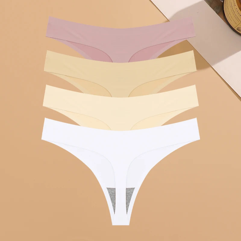 4PCS Ultra-thin Seamless Underwear Women's Invisible Panties Sexy Ice Silk Thongs Low Waist Breathable Bikini Stretchy Lingerie