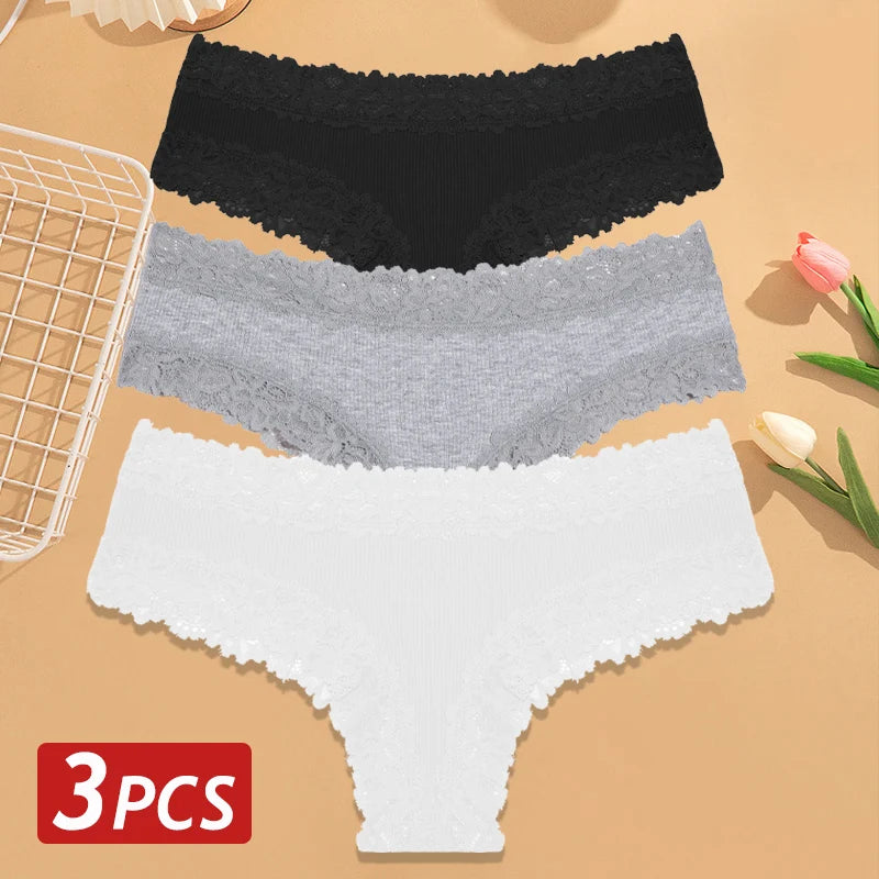 3PCS/Set Women Cotton Panties Floral Lace Brazilian Panties Sexy Low Waist Lingerie Female Soft Underwear Solid T-Back Bikini