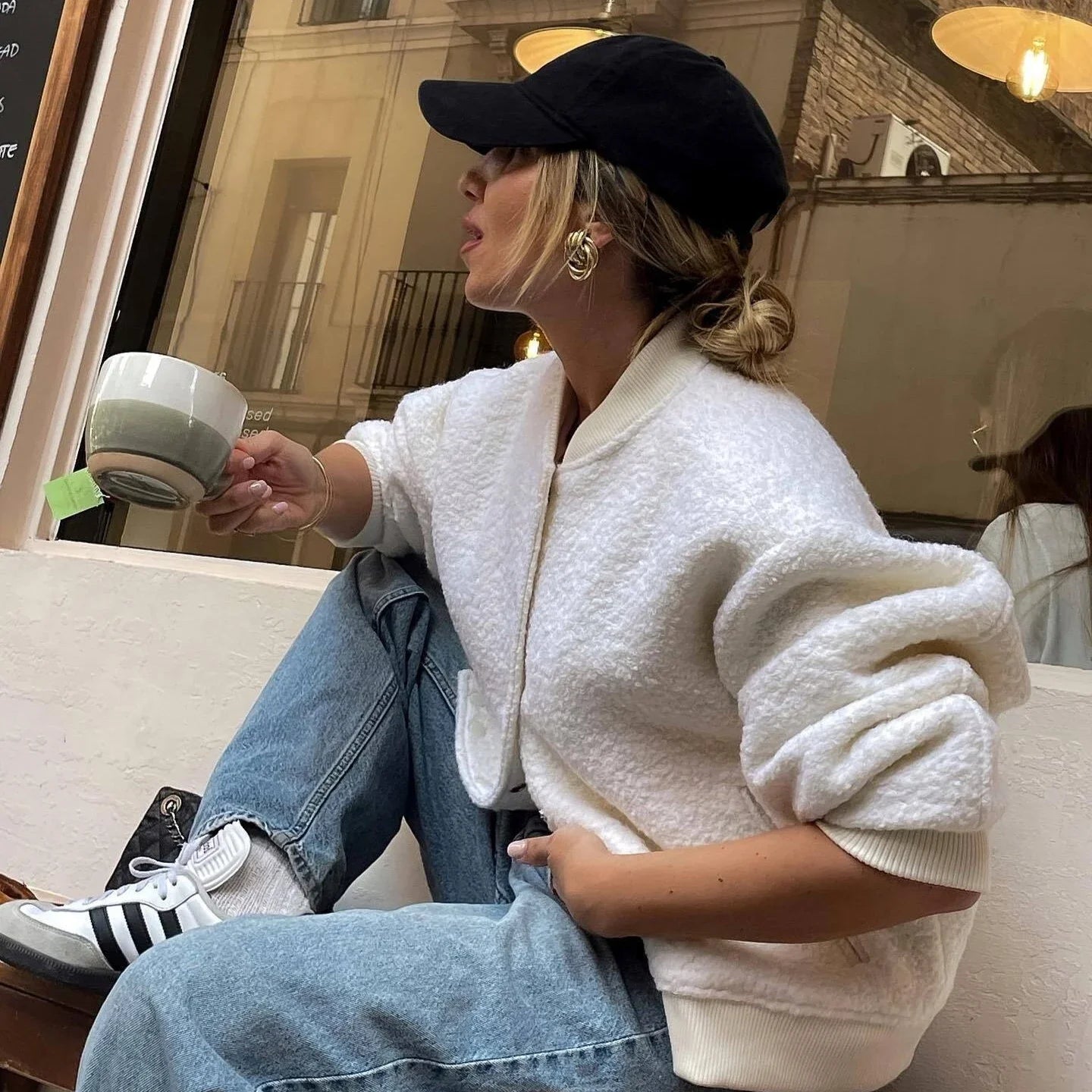 Autumn Bomber Jacket with Pocket White Lambswool Coat Women Casual Fashion and Chic Office Lady Outwear 2025 New