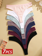7PCS Women Sexy Cotton G-String Panties Solid Color Ribbed Soft Thongs Female Low Waist Underpants Ladies Sexy Bikini Lingerie