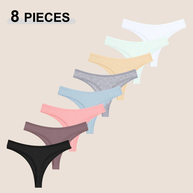 8Pcs/Set Cotton Seamless Thongs For Women Sexy Low Rise Solid Color Breathable Pantys Female Comfortable Soft G-String Underpant