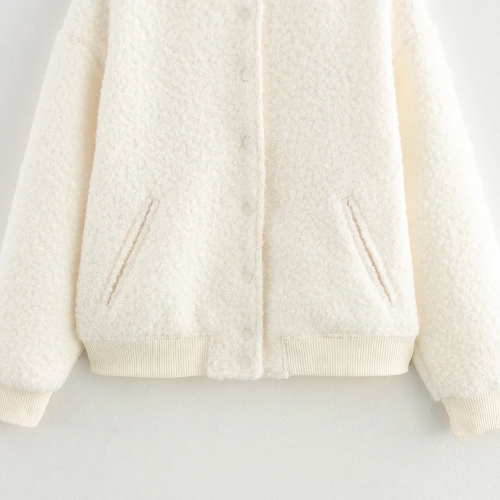 Blouson aviateur d'automne avec poche, manteau en laine d'agneau blanche pour femme, style décontracté et chic, idéal pour le bureau, collection 2025.