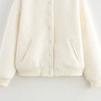 Blouson aviateur d'automne avec poche, manteau en laine d'agneau blanche pour femme, style décontracté et chic, idéal pour le bureau, collection 2025.