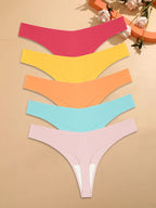 5Pcs Ice Silk Seamless Thongs Women's V-Waist Solid Color Panties Sexy Breathable Low Rise Underwear Invisible Bikini Lingerie